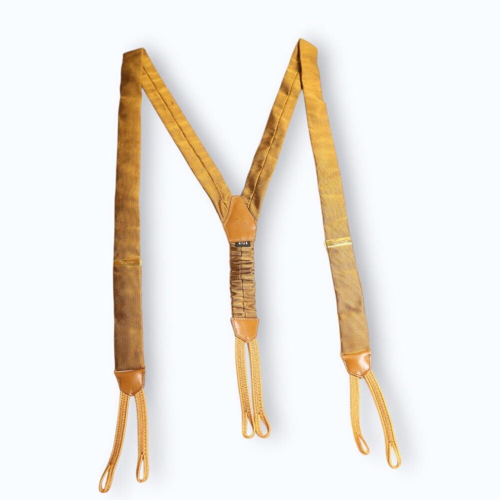 Charvet Paris French Luxury Braces Suspenders – Silk & Leather – Gold Tone Color